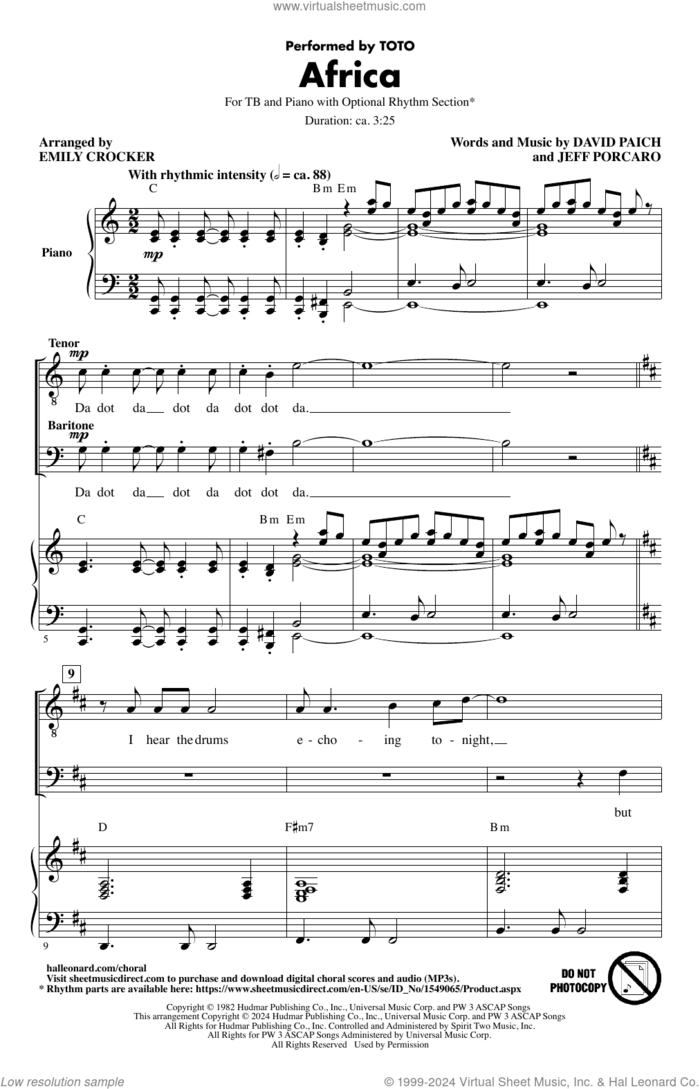 Africa (arr. Emily Crocker) sheet music for choir (TB: tenor, bass) by Toto, Emily Crocker, David Paich and Jeff Porcaro, intermediate skill level