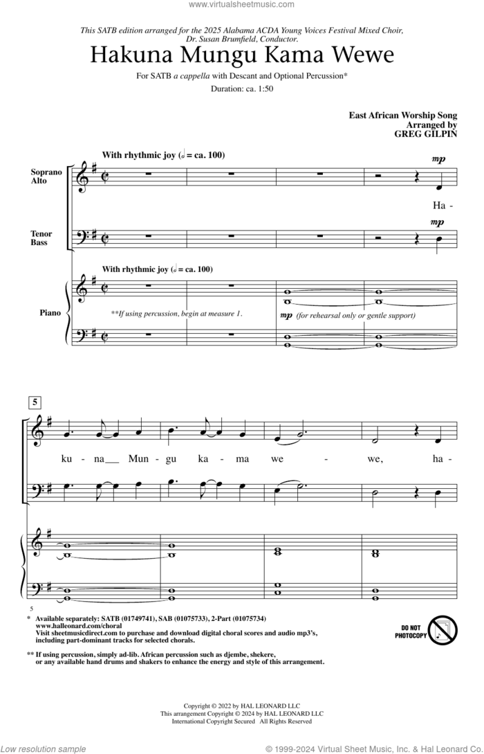 Hakuna Mungu Kama Wewe sheet music for choir (SATB: soprano, alto, tenor, bass) by Greg Gilpin and East African Worship Song, intermediate skill level