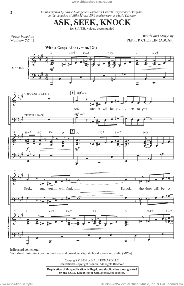 Ask, Seek, Knock sheet music for choir (SATB: soprano, alto, tenor, bass) by Pepper Choplin, intermediate skill level