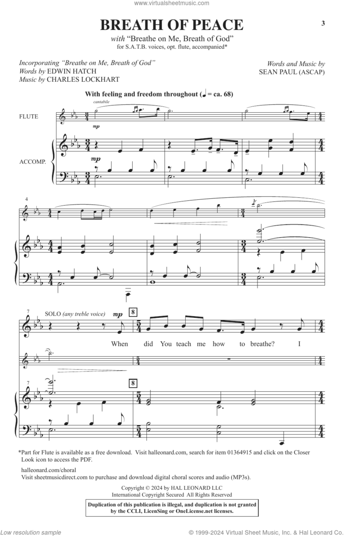 Breath Of Peace (with 'Breathe On Me, Breath Of God') sheet music for choir (SATB: soprano, alto, tenor, bass) by Sean Paul, Charles Lockhart and Edwin Hatch, intermediate skill level