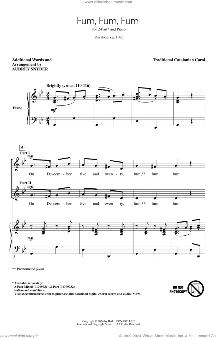 Fum, Fum, Fum (arr. Audrey Snyder) sheet music for choir (2-Part)  and Audrey Snyder, intermediate duet