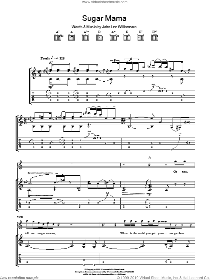 Sugar Mama sheet music for guitar (tablature) by Taste and John Lee Williamson, intermediate skill level