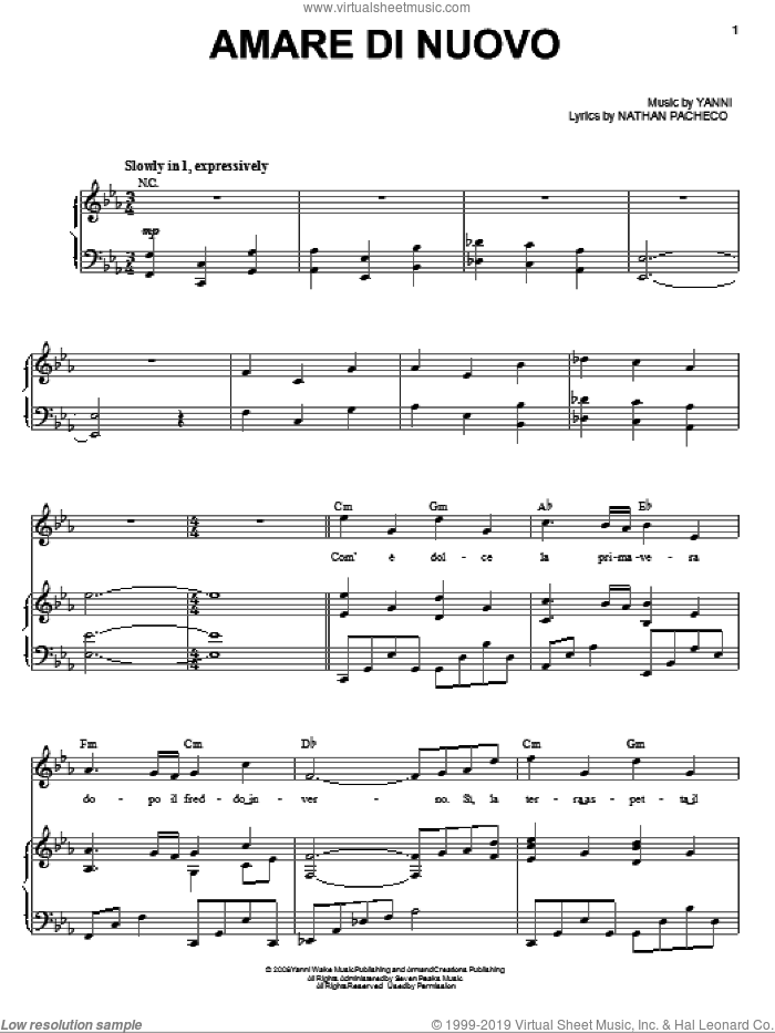 Amare Di Nuovo sheet music for voice, piano or guitar by Yanni and Nathan Pacheco, intermediate skill level