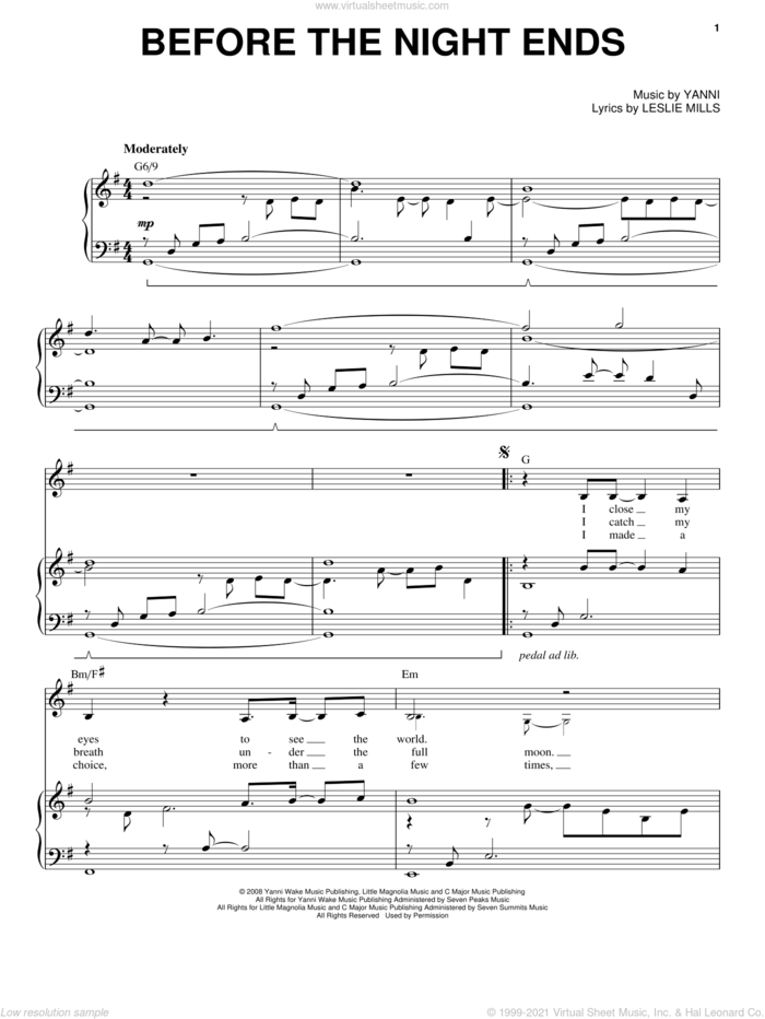 Before The Night Ends sheet music for voice, piano or guitar by Yanni and Leslie Mills, intermediate skill level