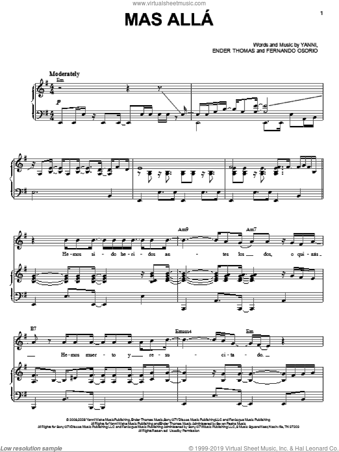 Mas Alla sheet music for voice, piano or guitar by Yanni, Ender Thomas and Fernando Osorio, intermediate skill level