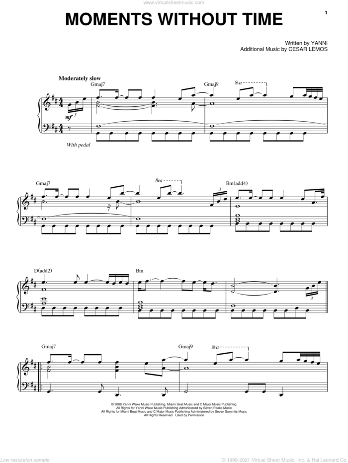 Moments Without Time sheet music for voice, piano or guitar by Yanni and Cesar Lemos, intermediate skill level