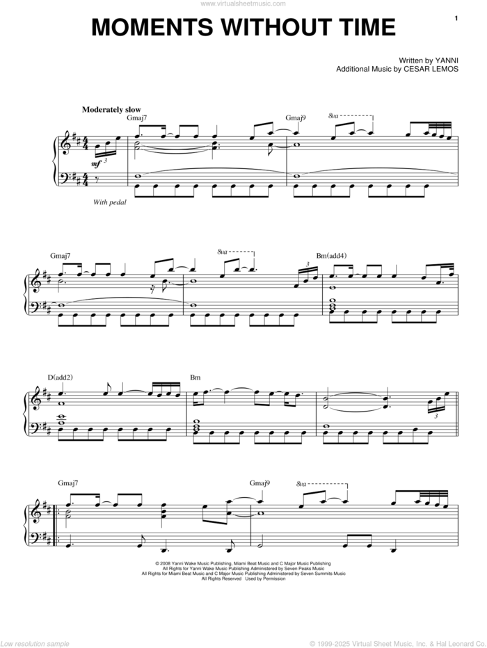 Moments Without Time sheet music for voice, piano or guitar by Yanni and Cesar Lemos, intermediate skill level