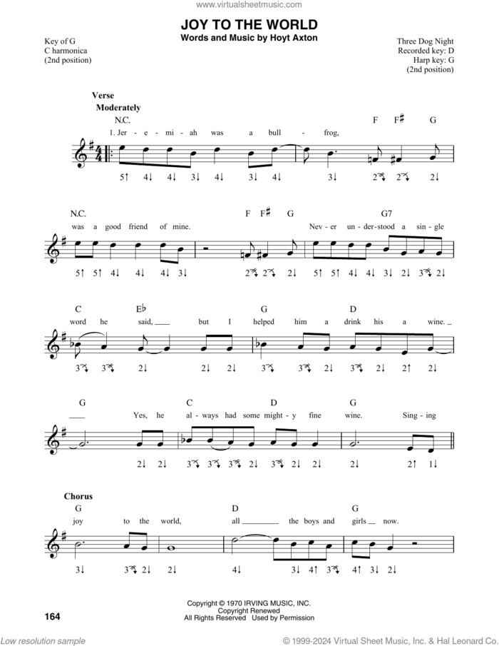 Joy To The World sheet music for harmonica solo by Three Dog Night and Hoyt Axton, intermediate skill level