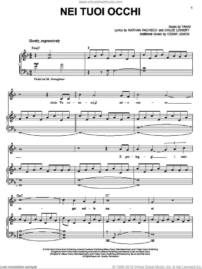 Nei Tuoi Occhi sheet music for voice, piano or guitar by Yanni, Cesar Lemos, Chloe Lowery and Nathan Pacheco, intermediate skill level