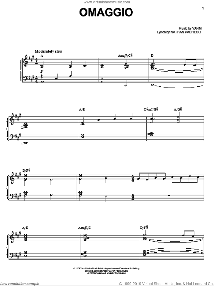 Omaggio sheet music for voice, piano or guitar by Yanni and Nathan Pacheco, intermediate skill level