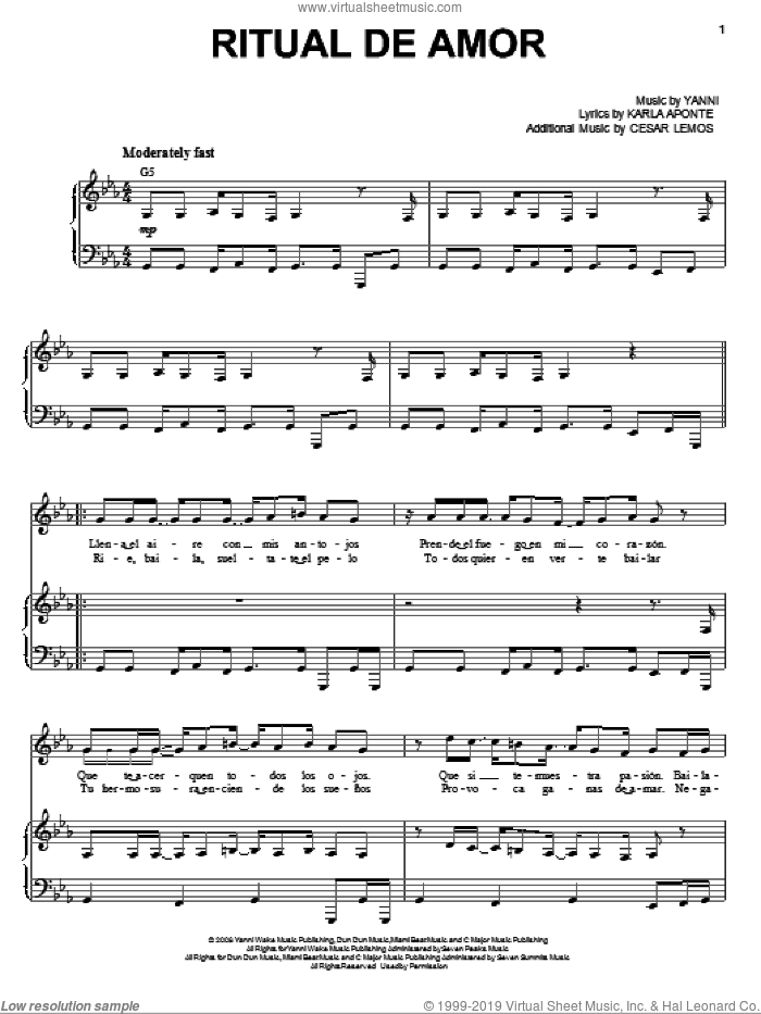 Ritual De Amor sheet music for voice, piano or guitar by Yanni, Cesar Lemos and Karla Aponte, intermediate skill level