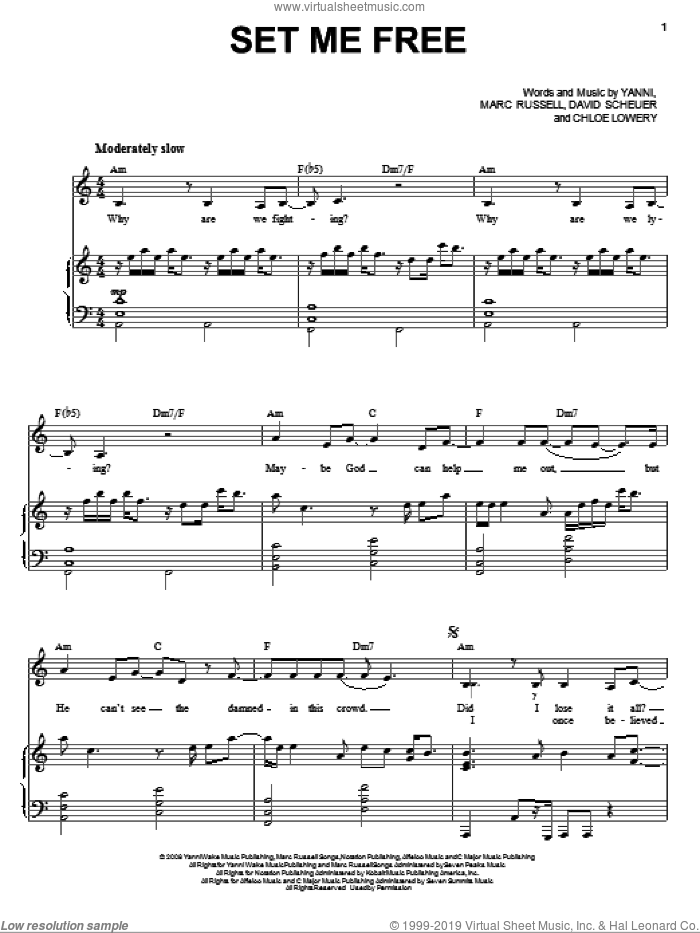 Set Me Free sheet music for voice, piano or guitar by Yanni, Chloe Lowery, David Scheuer and Mark Russell, intermediate skill level