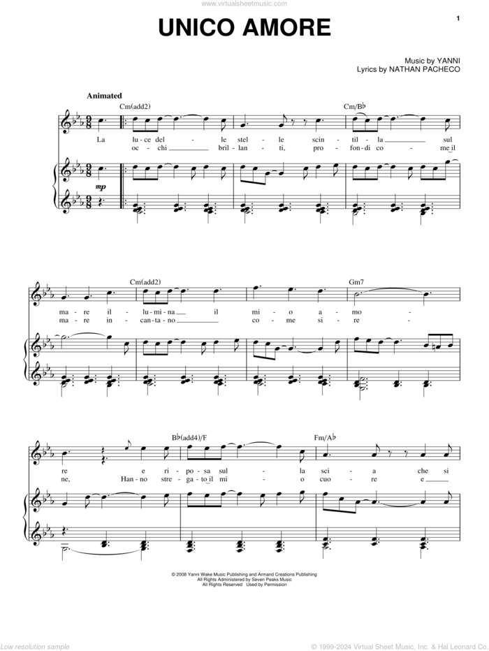 Unico Amore sheet music for voice, piano or guitar by Yanni and Nathan Pacheco, intermediate skill level