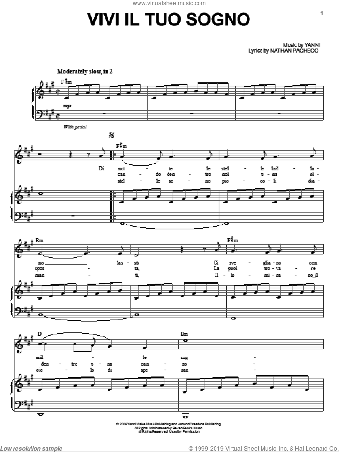 Vivi Il Tuo Sogno sheet music for voice, piano or guitar by Yanni and Nathan Pacheco, intermediate skill level