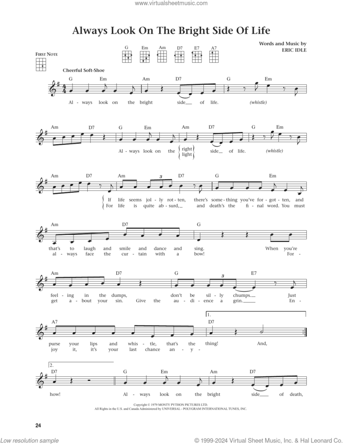 Always Look On The Bright Side Of Life (from The Daily Ukulele) (arr. Jim Beloff) sheet music for ukulele by Monty Python, Jim Beloff and Eric Idle, intermediate skill level