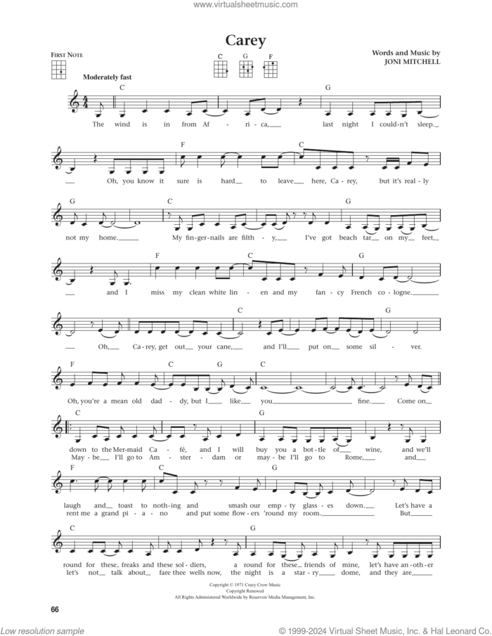 Carey (from The Daily Ukulele) (arr. Jim Beloff) sheet music for ukulele by Joni Mitchell and Jim Beloff, intermediate skill level