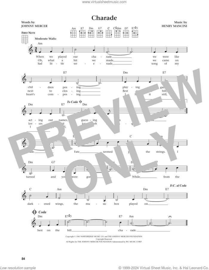 Charade (from The Daily Ukulele) (arr. Jim Beloff) sheet music for ukulele by Henry Mancini, Jim Beloff, Andy Williams, Sammy Kaye and Johnny Mercer, intermediate skill level