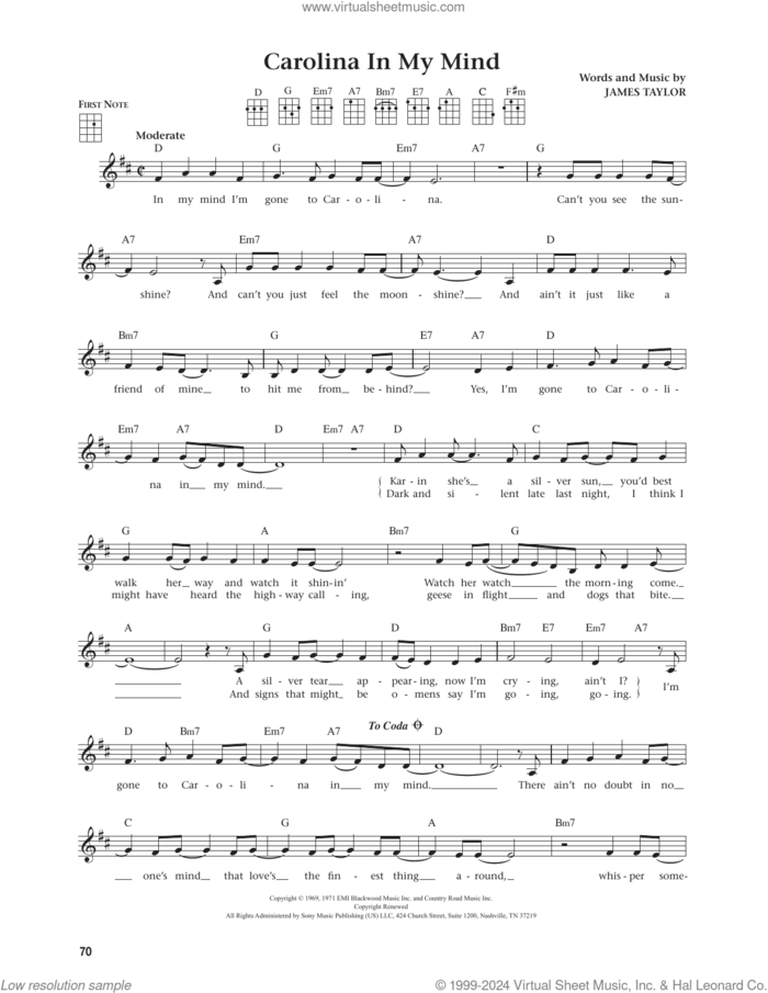 Carolina In My Mind (from The Daily Ukulele) (arr. Jim Beloff) sheet music for ukulele by James Taylor, Jim Beloff and Crystal Mansion, intermediate skill level