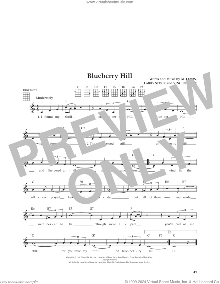 Blueberry Hill (from The Daily Ukulele) (arr. Jim Beloff) sheet music for ukulele by Fats Domino, Jim Beloff, Al Lewis, Larry Stock and Vincent Rose, intermediate skill level