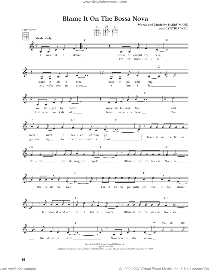 Blame It On The Bossa Nova (from The Daily Ukulele) (arr. Jim Beloff) sheet music for ukulele by Eydie Gorme, Jim Beloff, Barry Mann and Cynthia Weil, intermediate skill level