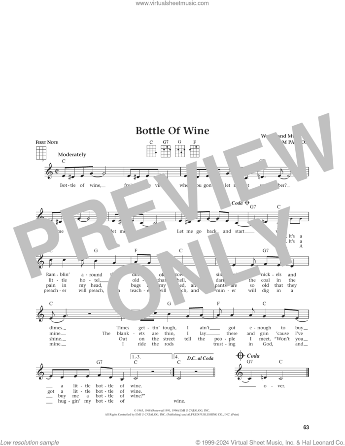 Bottle Of Wine (from The Daily Ukulele) (arr. Jim Beloff) sheet music for ukulele by Tom Paxton and Jim Beloff, intermediate skill level