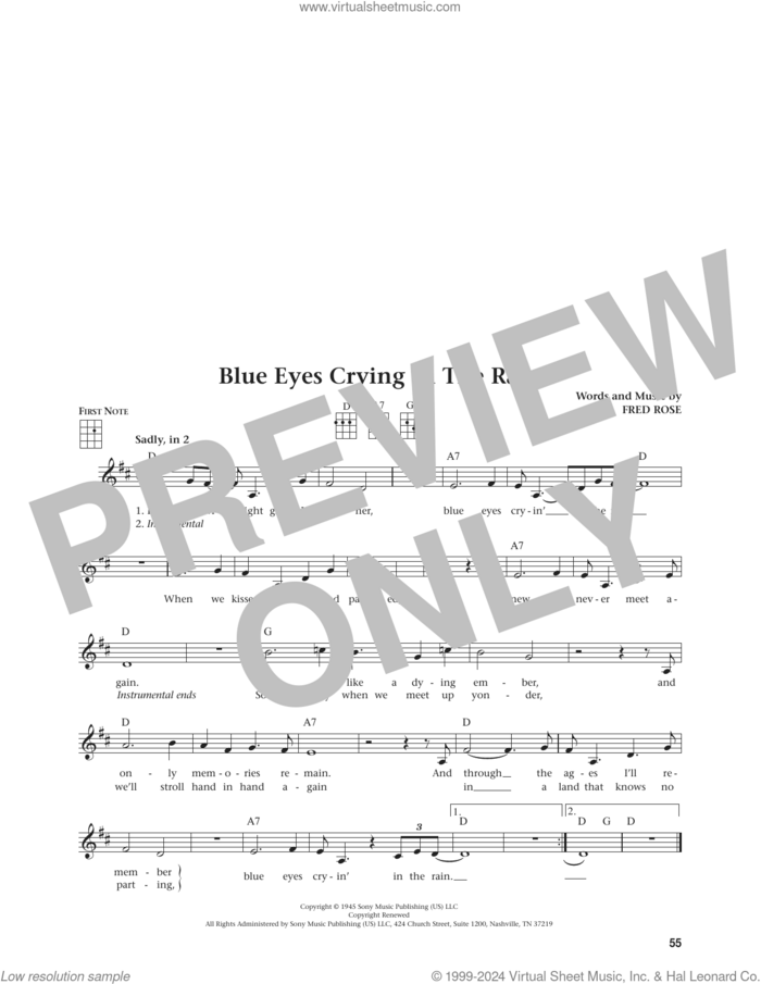 Blue Eyes Crying In The Rain (from The Daily Ukulele) (arr. Jim Beloff) sheet music for ukulele by Willie Nelson, Jim Beloff, Elvis Presley and Fred Rose, intermediate skill level