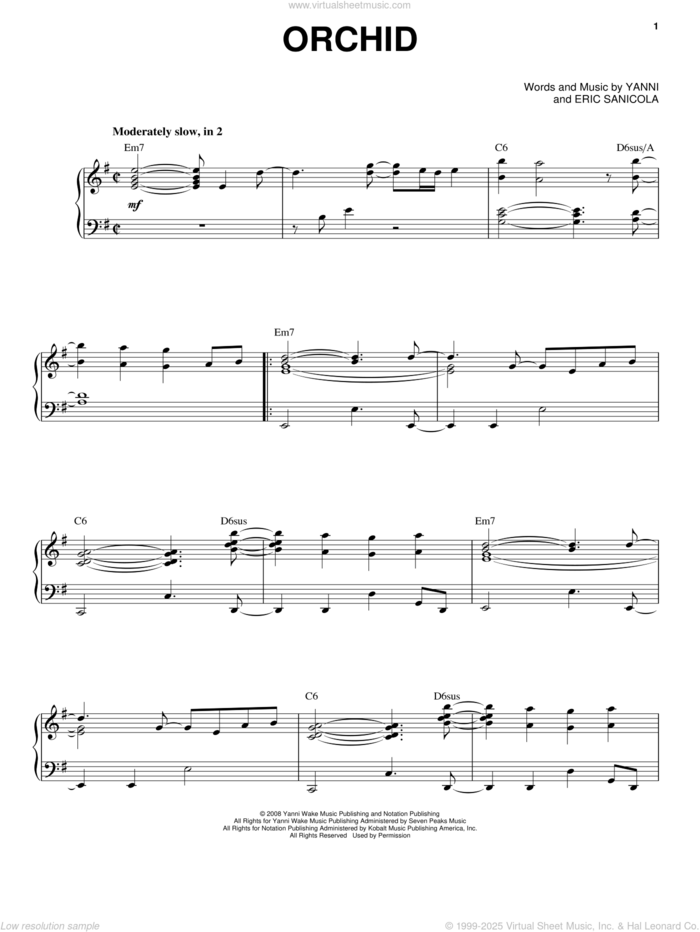 Orchid sheet music for voice, piano or guitar by Yanni and Eric Sanicola, intermediate skill level