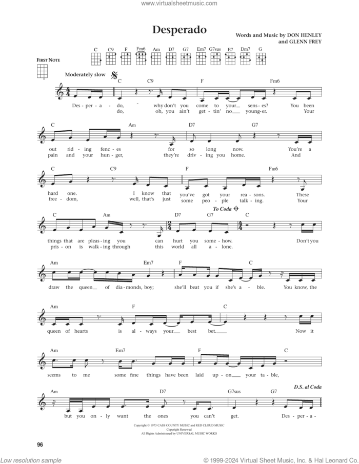 Desperado (from The Daily Ukulele) (arr. Jim Beloff) sheet music for ukulele by The Eagles, Jim Beloff, Don Henley and Glenn Frey, intermediate skill level