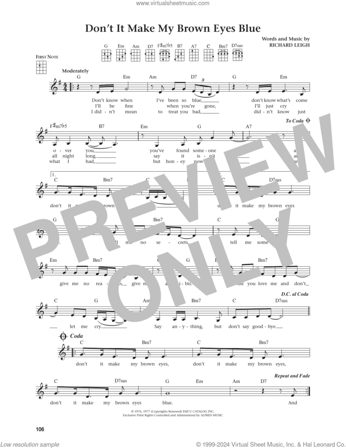 Don't It Make My Brown Eyes Blue (from The Daily Ukulele) (arr. Jim Beloff) sheet music for ukulele by Crystal Gayle, Jim Beloff and Richard Leigh, intermediate skill level