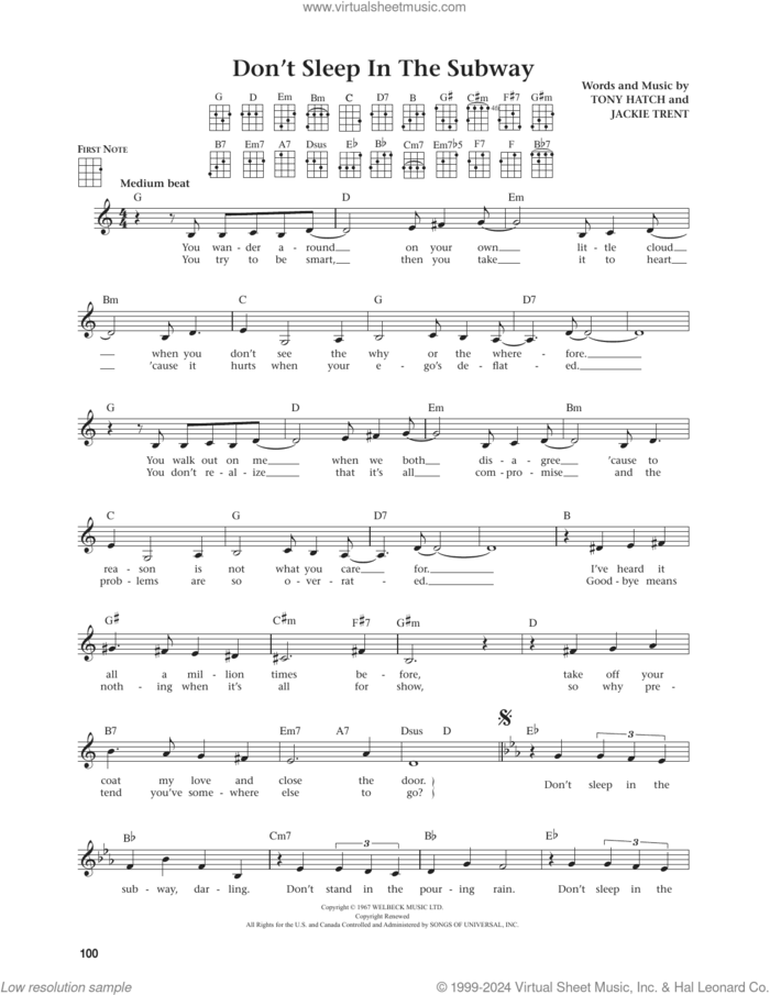 Don't Sleep In The Subway (from The Daily Ukulele) (arr. Jim Beloff) sheet music for ukulele by Petula Clark, Jim Beloff, Jackie Trent and Tony Hatch, intermediate skill level