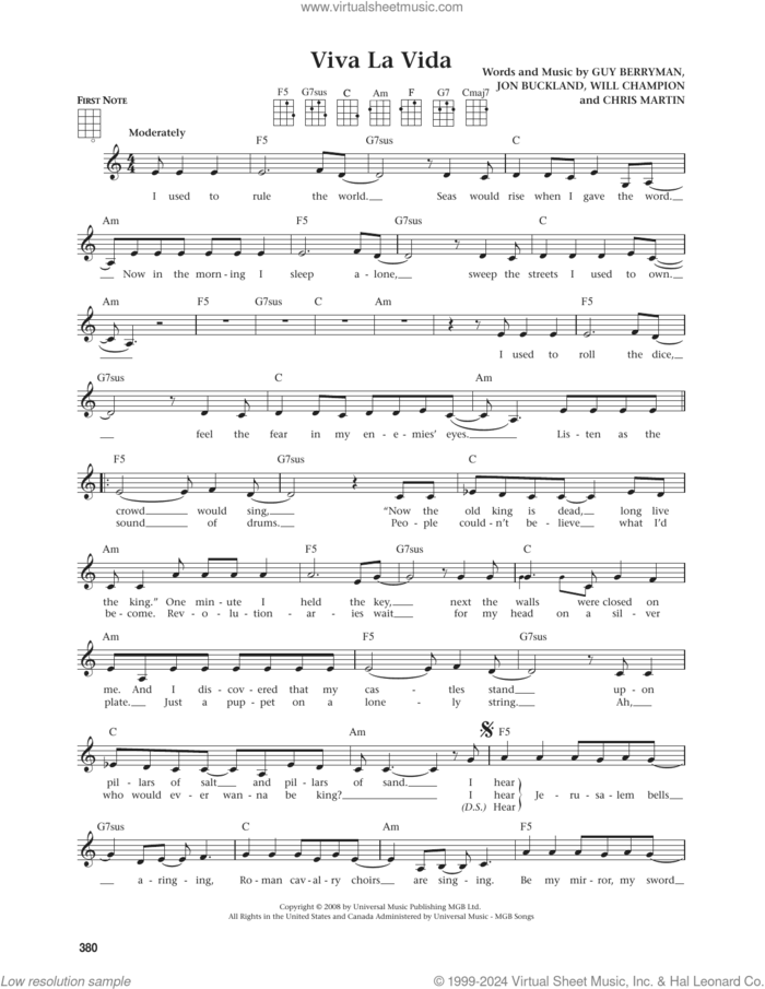 Viva La Vida (from The Daily Ukulele) (arr. Jim Beloff) sheet music for ukulele by Coldplay, Jim Beloff, Chris Martin, Guy Berryman, Jon Buckland and Will Champion, intermediate skill level