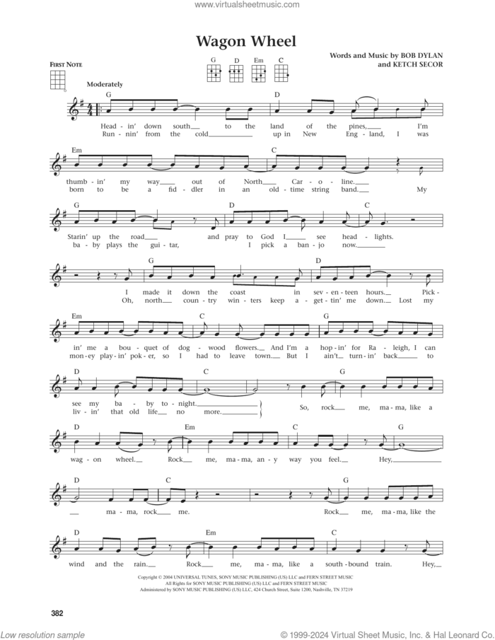 Wagon Wheel (from The Daily Ukulele) (arr. Jim Beloff) sheet music for ukulele by Bob Dylan, Jim Beloff, Darius Rucker, Old Crow Medicine Show and Ketch Secor, intermediate skill level