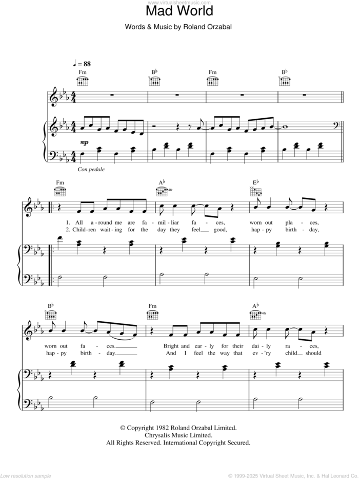 Mad World sheet music for voice, piano or guitar by Gary Jules, Tears For Fears and Roland Orzabal, intermediate skill level