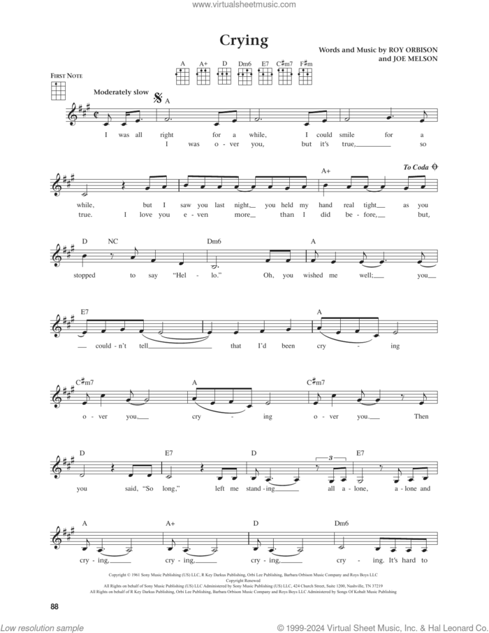 Crying (from The Daily Ukulele) (arr. Jim Beloff) sheet music for ukulele by Roy Orbison, Jim Beloff, Don McLean, Jay & The Americans and Joe Melson, intermediate skill level