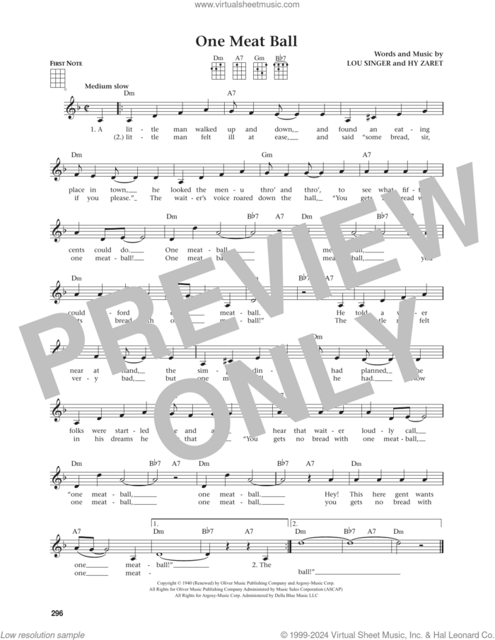 One Meat Ball (from The Daily Ukulele) (arr. Jim Beloff) sheet music for ukulele by Andrews Sisters, Jim Beloff, Bing Crosby, Josh White, Hy Zaret and Louis Singer, intermediate skill level