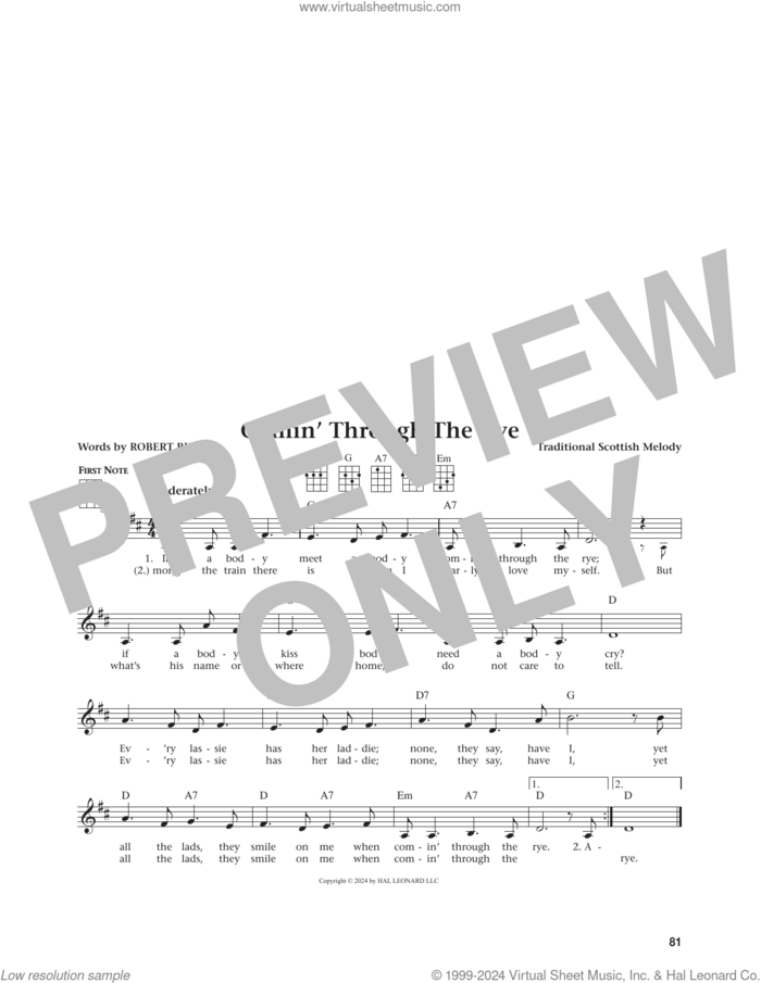 Comin' Through The Rye (from The Daily Ukulele) (arr. Jim Beloff) sheet music for ukulele by Robert Burns, Jim Beloff and Traditional Scottish Melody, intermediate skill level