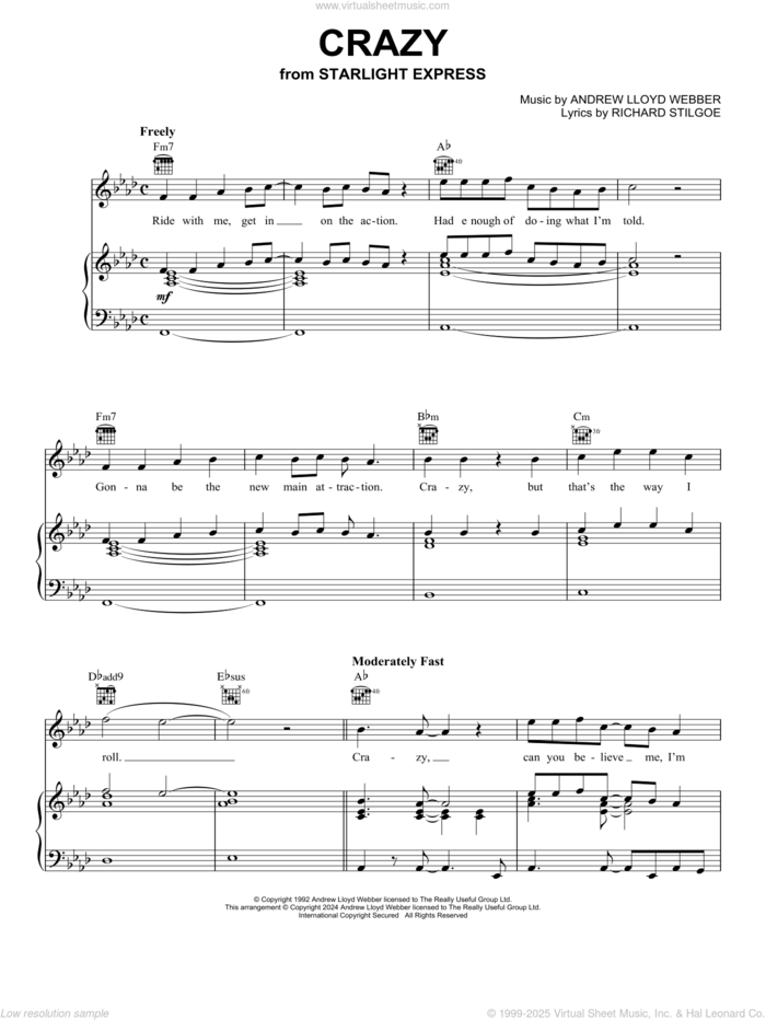 Crazy (from Starlight Express) sheet music for voice, piano or guitar by Andrew Lloyd Webber and Richard Stilgoe, intermediate skill level