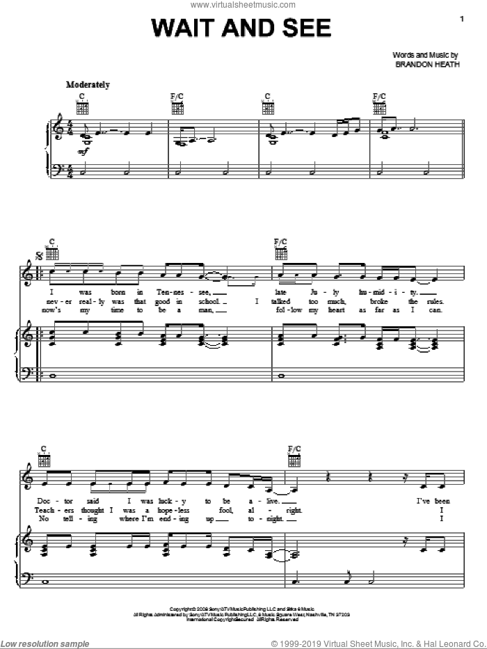 Wait And See sheet music for voice, piano or guitar by Brandon Heath, intermediate skill level