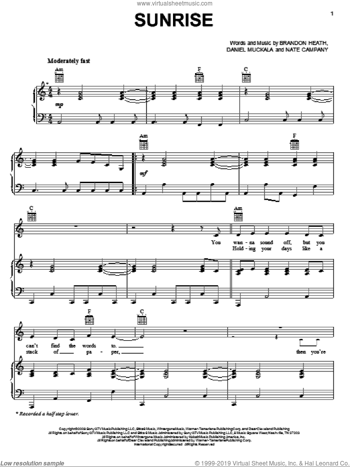 Sunrise sheet music for voice, piano or guitar by Brandon Heath, Dan Muckala and Nate Campany, intermediate skill level
