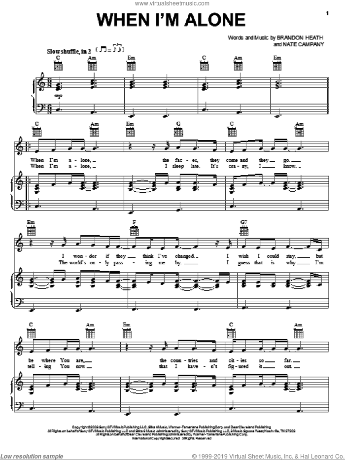 When I'm Alone sheet music for voice, piano or guitar by Brandon Heath and Nate Campany, intermediate skill level