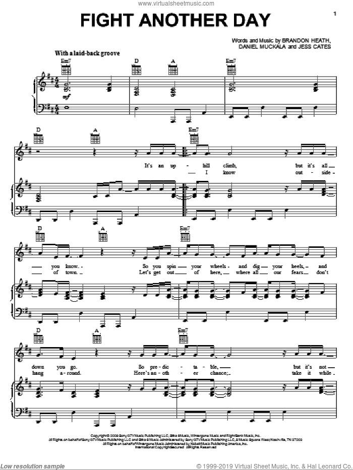 Fight Another Day sheet music for voice, piano or guitar by Brandon Heath, Dan Muckala and Jess Cates, intermediate skill level