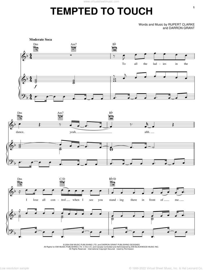 Tempted To Touch sheet music for voice, piano or guitar by Rupee, Darron Grant and Rupert Clarke, intermediate skill level
