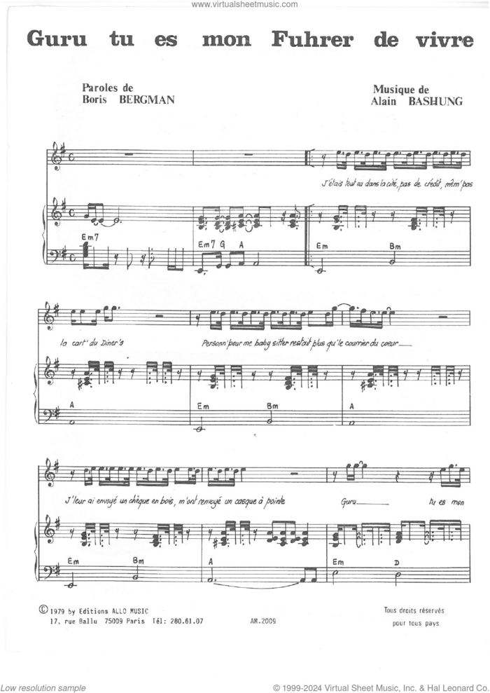 Guru Tu Es Mon Fuhrer De Vivre sheet music for voice and piano by Alain Bashung and Boris Bergman, intermediate skill level