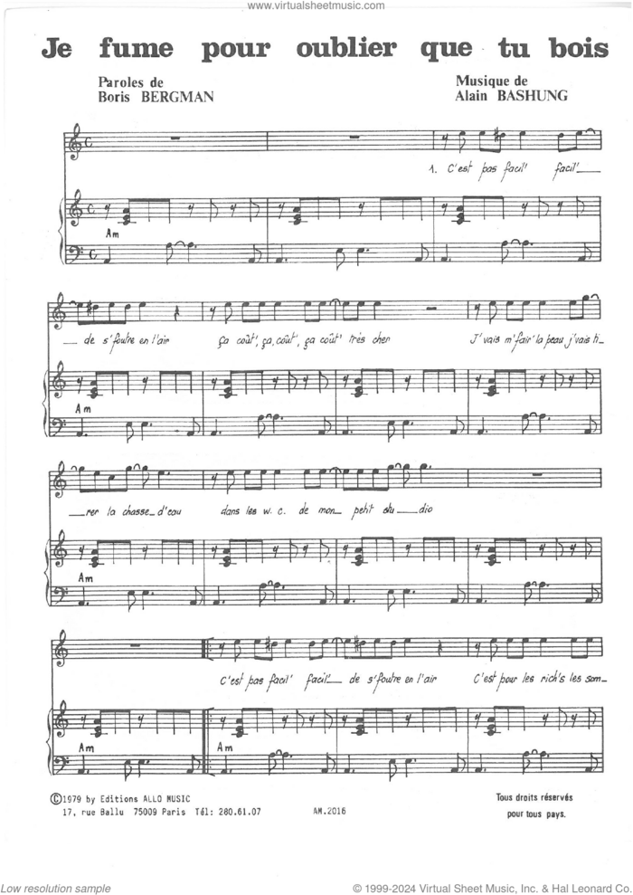 Je Fume Pour Oublier Que Tu Bois sheet music for voice and piano by Alain Bashung and Boris Bergman, intermediate skill level