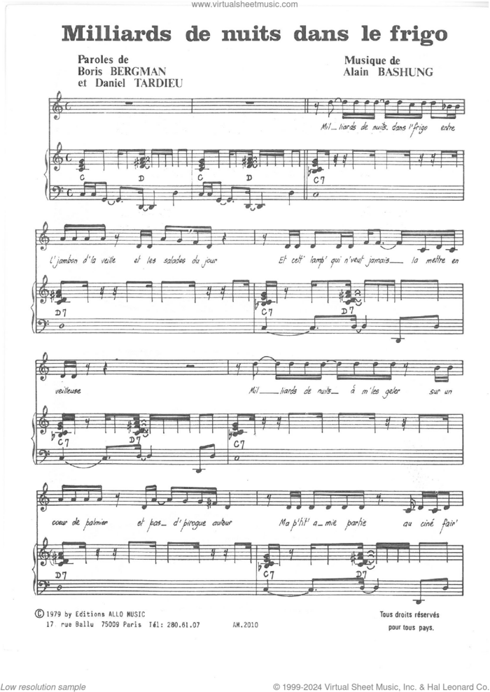 Milliards De Nuits Dans Le Frigo sheet music for voice and piano by Alain Bashung, Boris Bergman and Daniel Tardieu, intermediate skill level