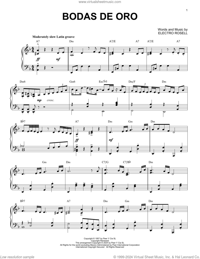 Bodas de Oro (arr. Brent Edstrom) sheet music for piano solo by Ry Cooder and Manuel Galban, Brent Edstrom and Electro Rosell, intermediate skill level