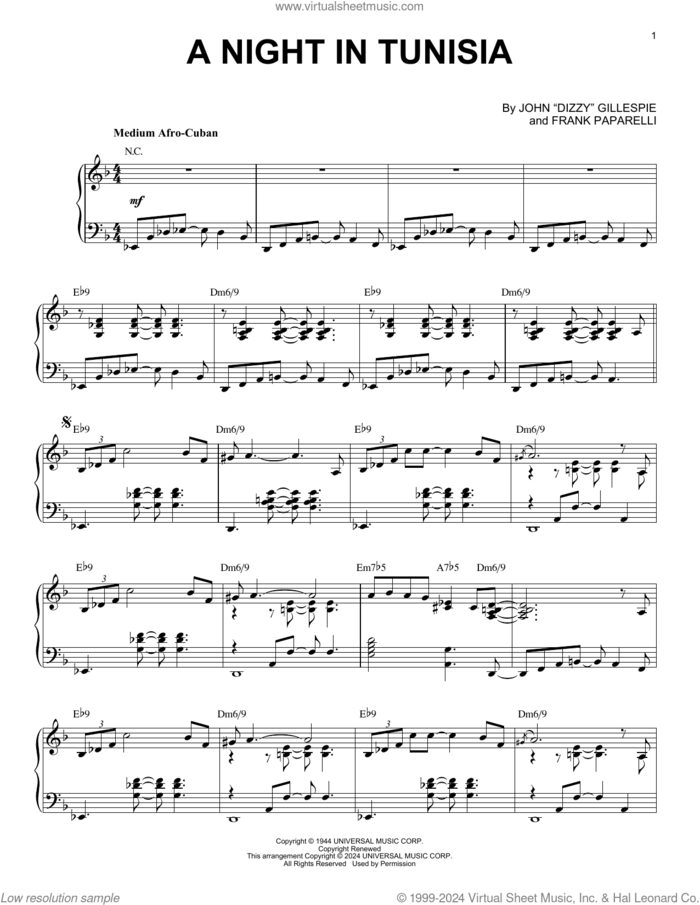 A Night In Tunisia (arr. Brent Edstrom) sheet music for piano solo by Dizzy Gillespie, Brent Edstrom and Frank Paparelli, intermediate skill level