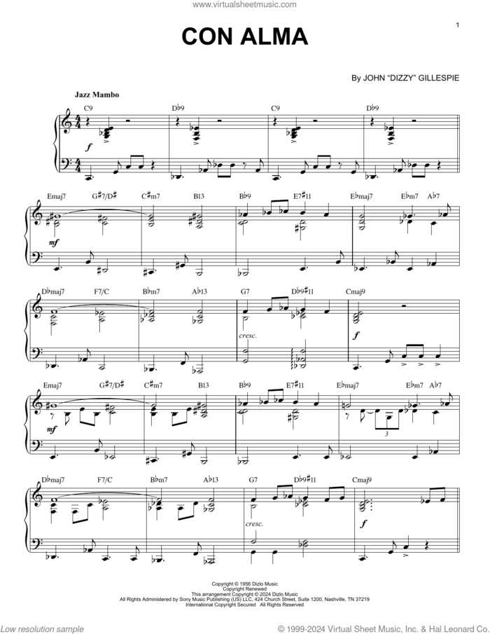 Con Alma (arr. Brent Edstrom) sheet music for piano solo by Dizzy Gillespie and Brent Edstrom, intermediate skill level