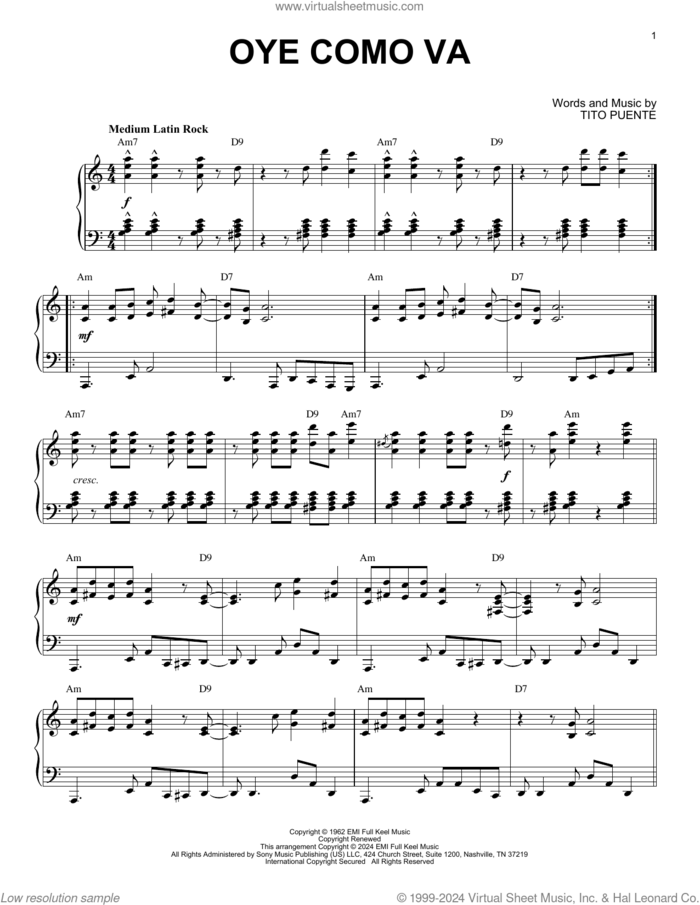 Oye Como Va (arr. Brent Edstrom) sheet music for piano solo by Tito Puente, Brent Edstrom and Carlos Santana, intermediate skill level