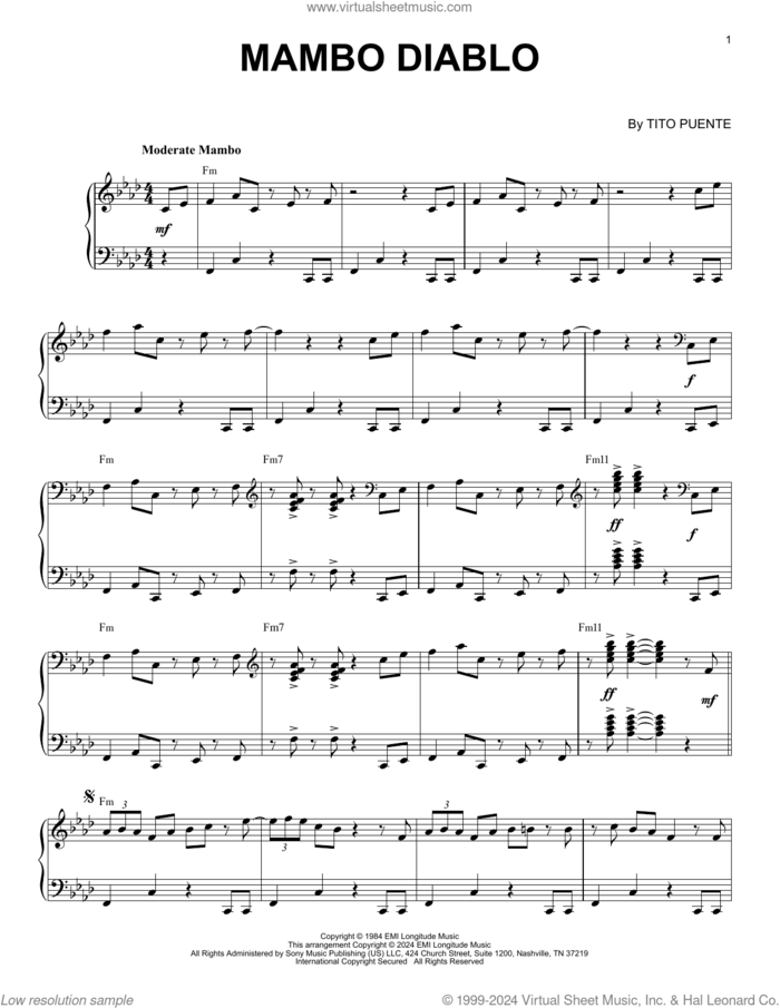 Mambo Diablo (arr. Brent Edstrom) sheet music for piano solo by Tito Puente and Brent Edstrom, intermediate skill level